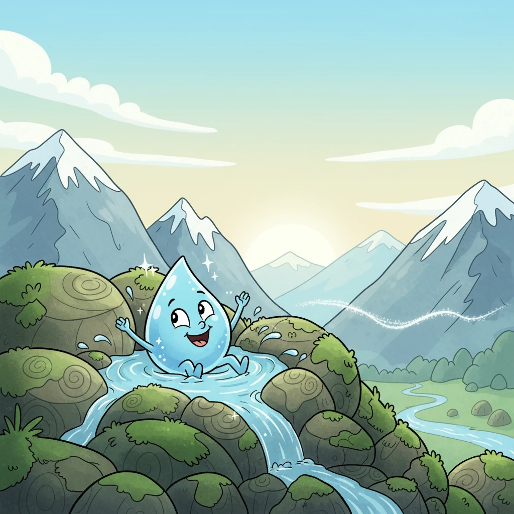 Ripply the water drop awakens as a tiny, sparkling spring high up in the jagged mountains. The air is crisp and cool, and ancient moss-covered rocks cradle the very first trickles of water. Ripply feels a gentle pull, a whisper from the world below, urging a grand adventure to begin.