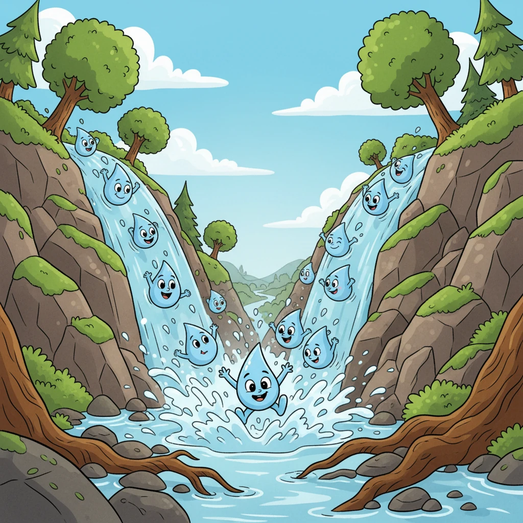 Soon, Ripply joins other little drops, forming a lively stream that tumbles down the steep, rocky slopes. They race through a narrow, V-shaped valley, splashing over smooth pebbles and around sturdy tree roots. The journey is exhilarating, a thrilling downhill dash towards the unknown.