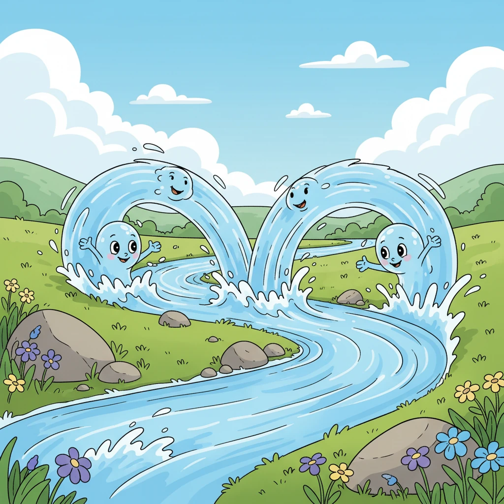 As Ripply flows further, the stream widens, meeting another bustling stream that rushes in from the side. This is a confluence, where two waterways merge, making Ripply feel bigger and stronger. The combined water now forms a gushing river, eager to carve its path through the land.