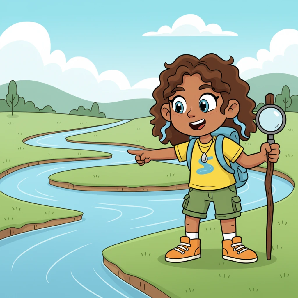 The land starts to flatten out slightly, and Ripply notices the river is no longer just straight. It begins to curve and sway, creating graceful bends called meanders, like a playful snake slithering across the landscape. The river's powerful flow gently erodes the outer banks, shaping its winding course.