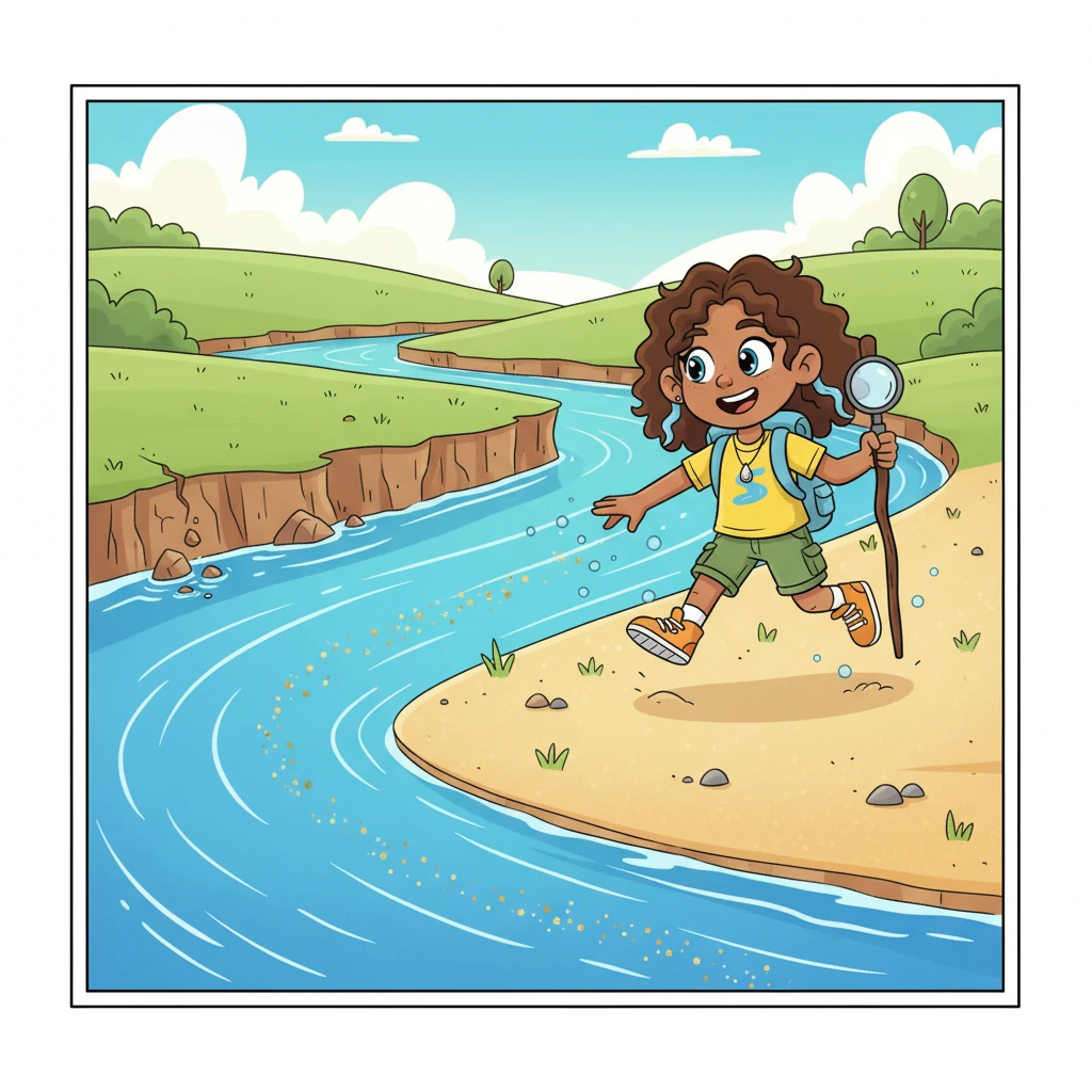 With each twist and turn, Ripply helps carry tiny bits of sand and soil, sculpting the riverbanks. Where the water slows on the inner bends, these sediments are deposited, building up new land. This constant movement of erosion and deposition makes the river a busy artist, always reshaping its own path.