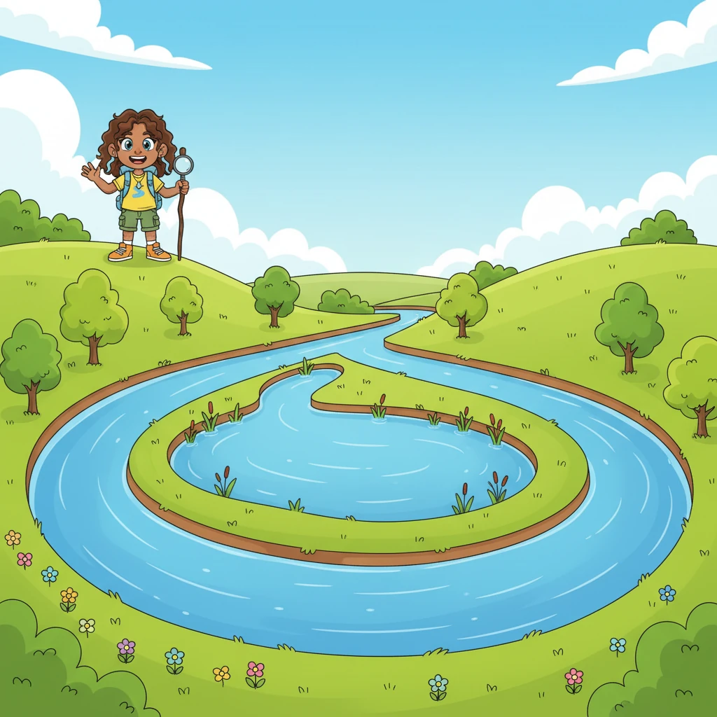 Over time, one of Ripply's meanders grows into a dramatic, almost complete loop, like a giant watery hug. Sometimes, during big floods, the river might even cut a new, straighter path, leaving the old loop behind to become a peaceful oxbow lake. Ripply marvels at the river's ever-changing artwork.