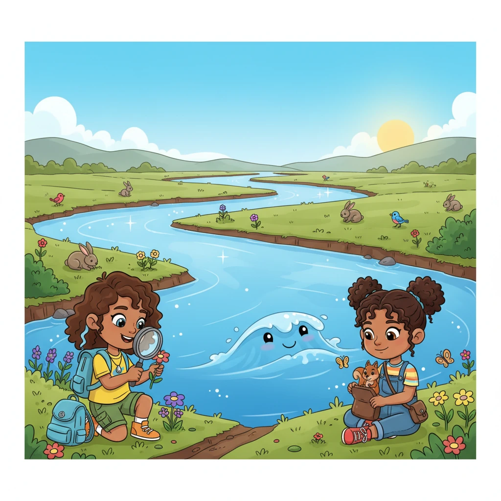 Now, Ripply flows across a broad, flat valley, known as a floodplain, where the river spreads out during heavy rains. The water moves more slowly here, depositing rich soil that makes the land wonderfully fertile for plants and animals. Sunlight glints off the wide expanse, reflecting the sky above.