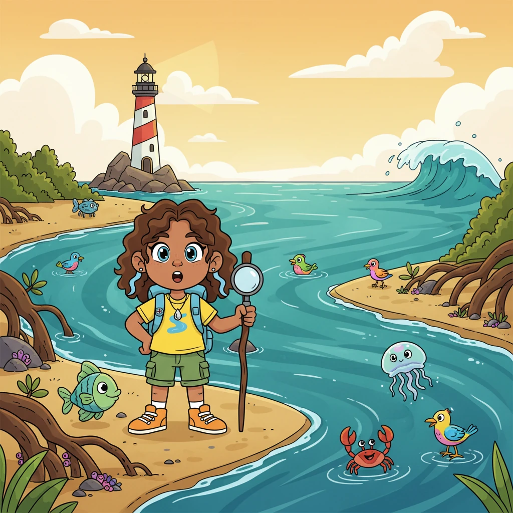 The river's journey nears its end as Ripply feels a new, salty scent in the air. The river widens dramatically, mixing with the incoming tides from the sea, forming an estuary. This special place is a bustling home for unique creatures that thrive in both fresh and saltwater.