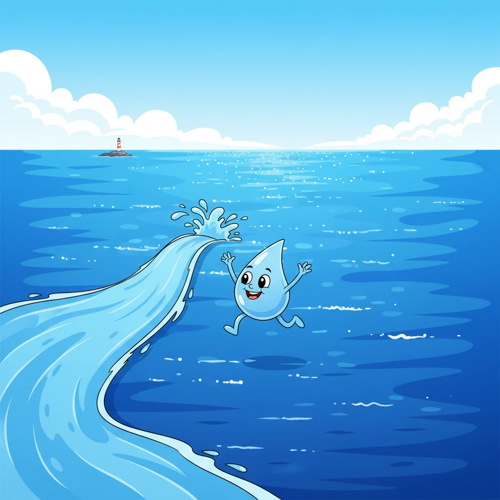 Finally, with a grand flourish, Ripply flows out of the river's mouth and into the boundless, shimmering ocean. The once tiny drop is now part of an immense, blue expanse, feeling both small and incredibly connected to everything. This is the magnificent end of the river's long, adventurous journey.