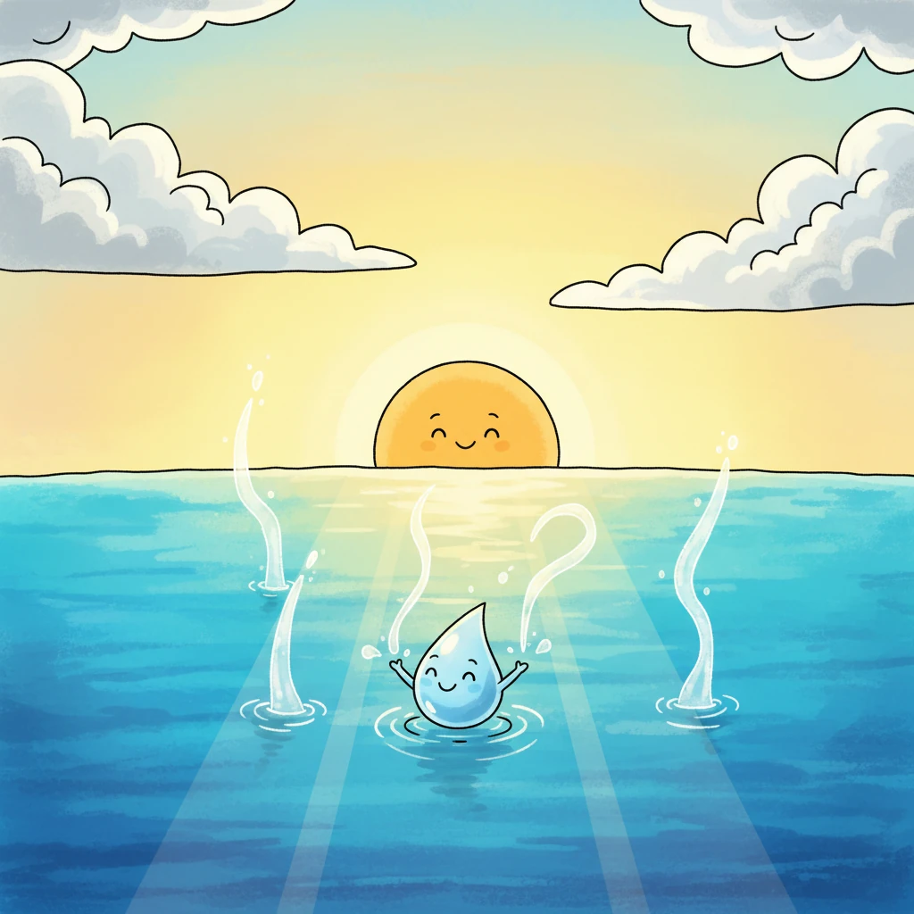 As Ripply drifts in the vast ocean, the warm sun begins to gently lift the water upwards, turning it into invisible vapor. Ripply knows that soon, the journey will begin anew, rising into the clouds to become rain once more. It's a never-ending cycle, a grand adventure always waiting to restart.