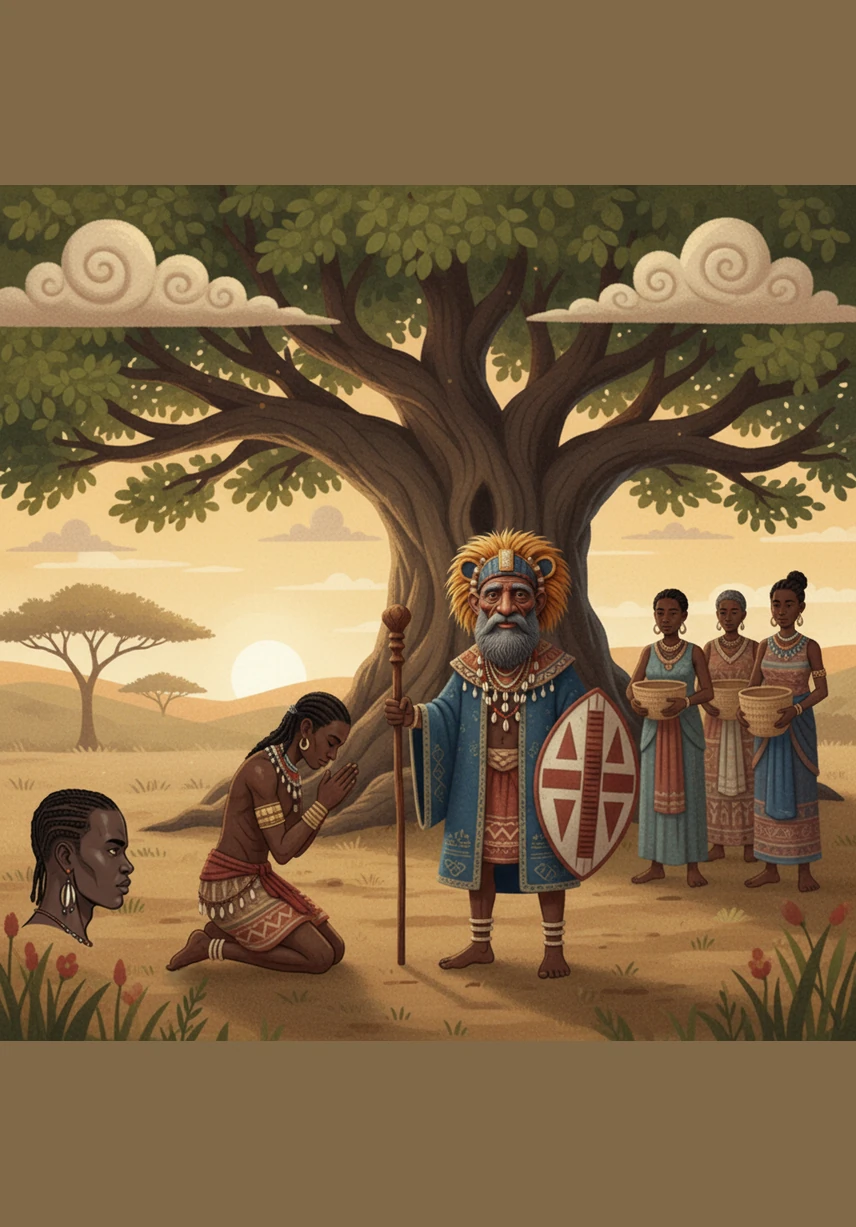 Under the ancient fig tree, the council of elders gathers for the sacred Libation ceremony to honor the ancestors. Kalando listens intently as the head elder recites proverbs that bridge the world of the living and the spirits. The smoke from the ceremonial fire rises in swirling patterns, carrying the village's hopes and prayers to the heavens.