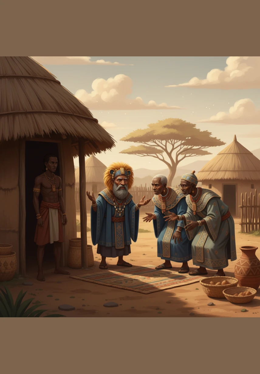 Tension simmers within the family compound as Kalando’s father debates the coming season’s harvest with his rivals. The intricate beadwork on their traditional attire shimmers as they gesture emphatically, their voices low but firm. Kalando stands in the shadows of the hut, realizing that the strength of a home is tested not by storms, but by the unity of its people.