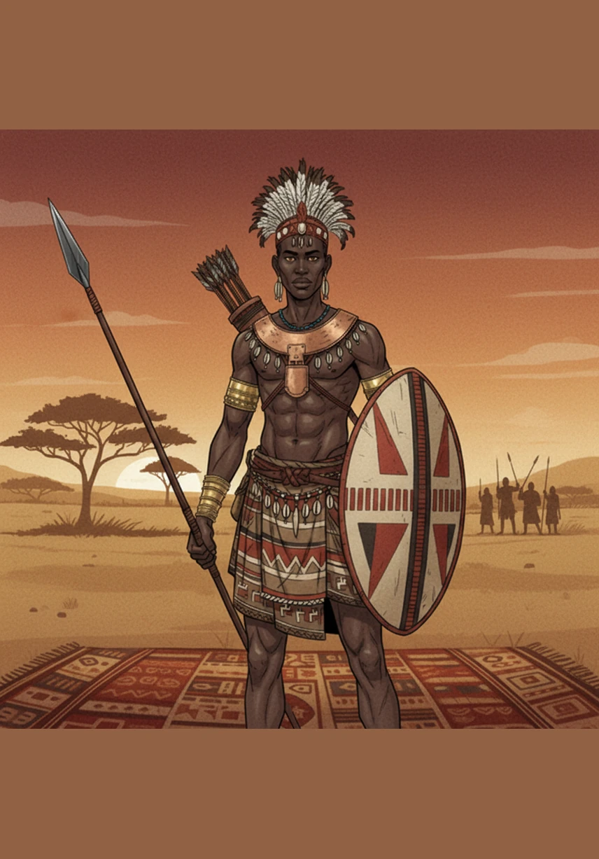 As the drums of war begin to thrum, Kalando dons the warrior’s regalia, his shield made of thick buffalo hide and his spear gleaming. The women of the village sing songs of courage and protection, their voices rising in a hauntingly beautiful harmony. He looks back at his mother one last time, seeing both pride and fear reflected in her eyes.