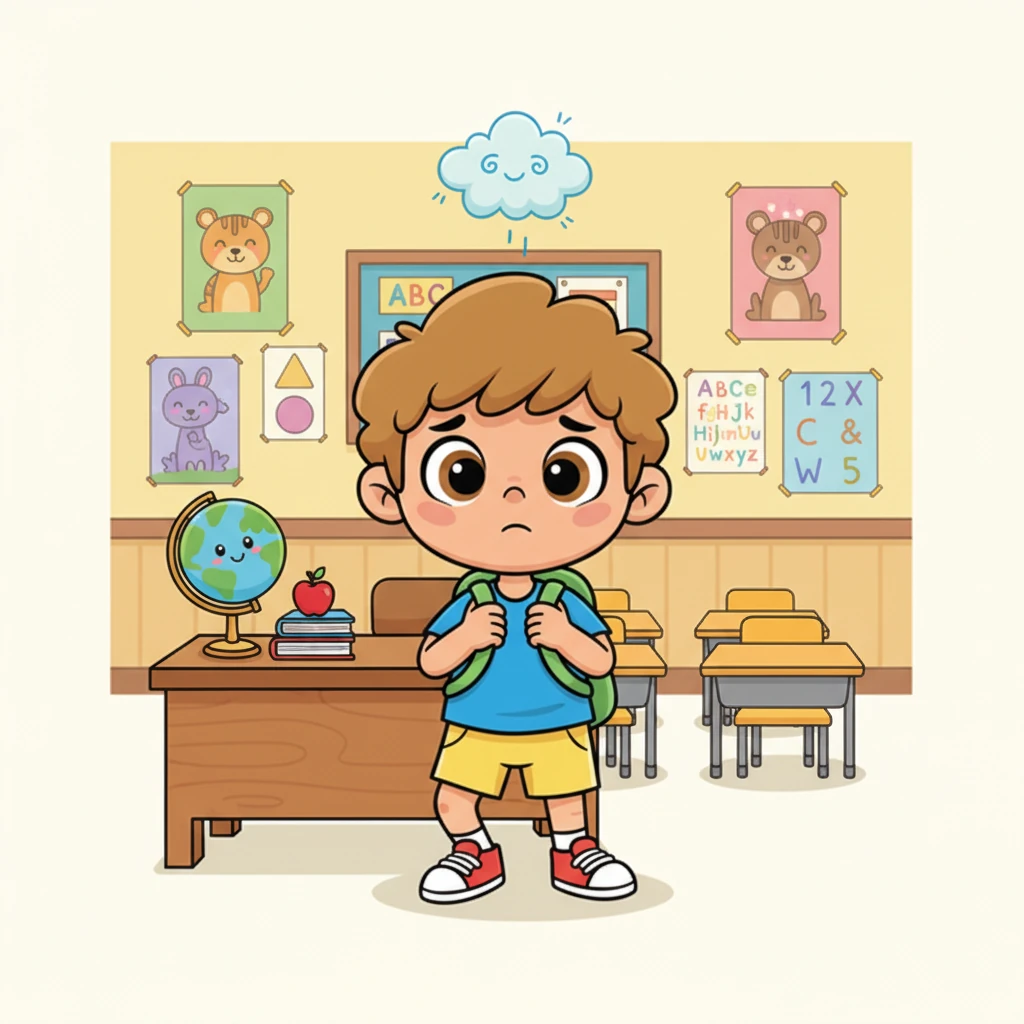 Monday morning, a bright classroom with colorful posters. Leo, a small boy with big, wide eyes and a slightly wobbly stance, stands shyly beside the teacher's desk. He clutches his backpack straps tightly, a little cloud of nerves hovering playfully above his head.