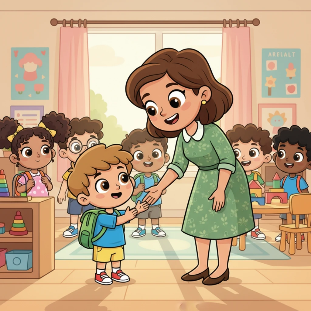 The teacher, a kind woman with a warm smile and a friendly wave, leans down slightly towards Leo. Her eyes sparkle with encouragement as she extends a welcoming hand. The other children in the classroom watch with curious, friendly expressions.
