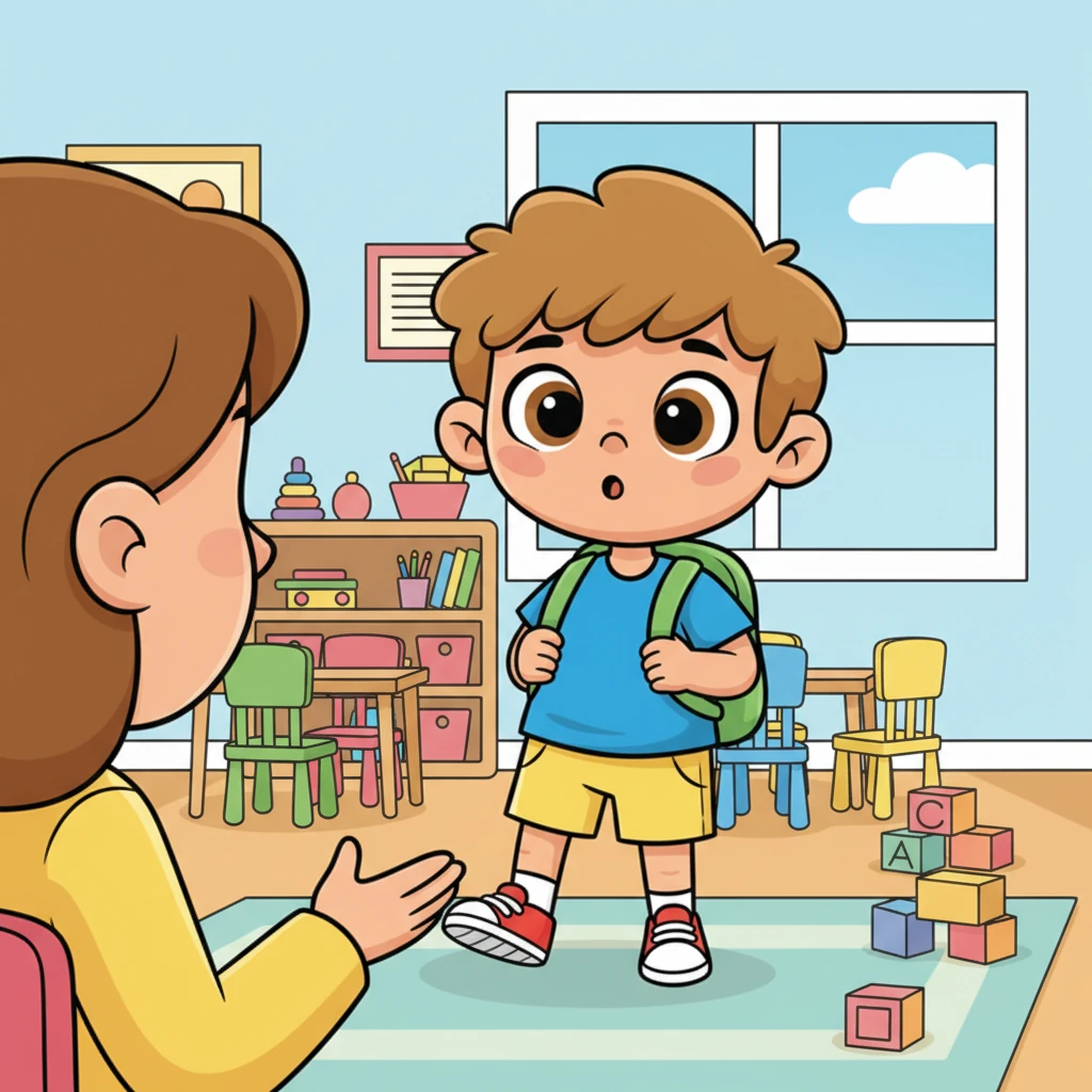 Leo, still a bit shy but encouraged by the teacher's smile, takes a small step forward. He looks up at her with a gentle gaze, his mouth forming a soft smile. He quietly introduces himself, "My name is Leo."