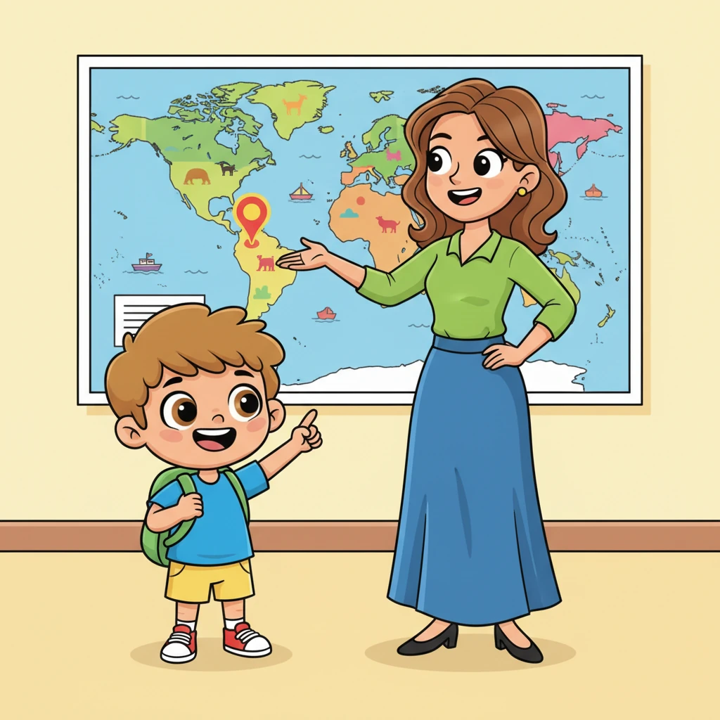 The teacher points playfully to a world map on the wall, her arm sweeping in a wide arc. Leo's eyes light up as he points to a colorful spot on the map. He beams as he shares, "I am from Costa Rica!"