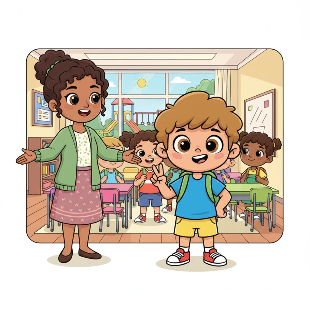 The teacher makes a gesture indicating a group of children, her expression warm and inviting. Leo confidently holds up two fingers, his chest puffing out just a little. He proudly declares, "I am in second grade!"