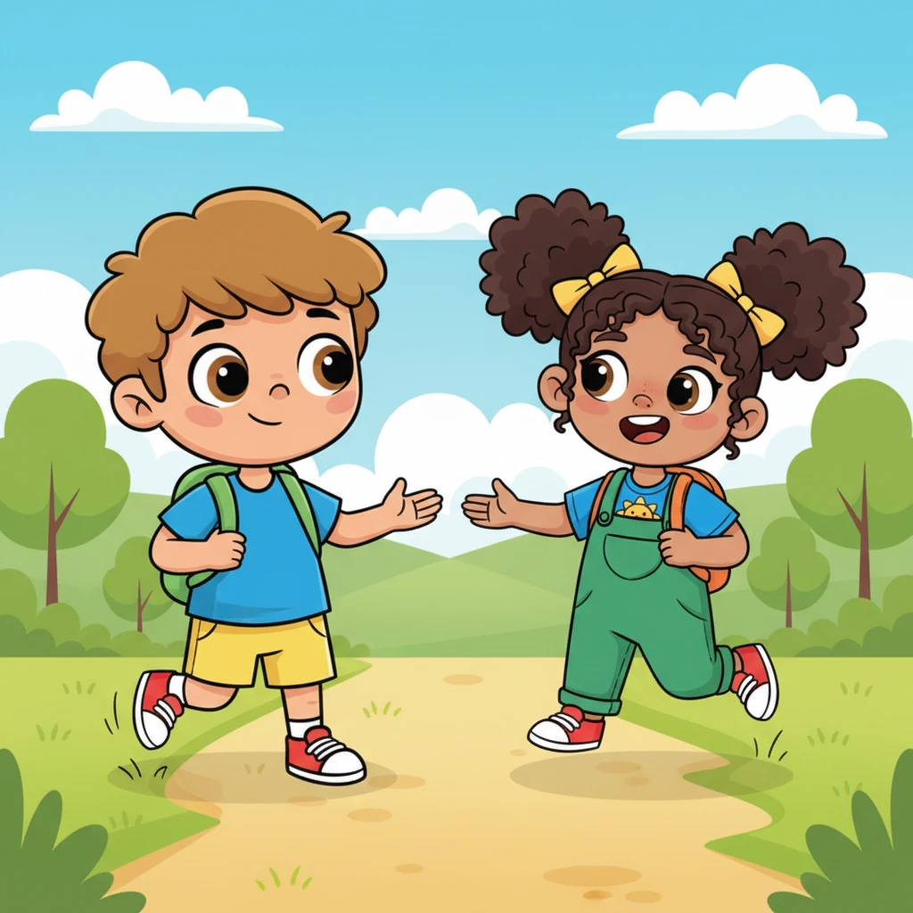 A bright-eyed girl named Emma, with bouncy pigtails and a super-friendly smile, skips over to Leo. She holds out her hand in a welcoming gesture, her face full of cheerful curiosity. Emma is eager to make a new friend.