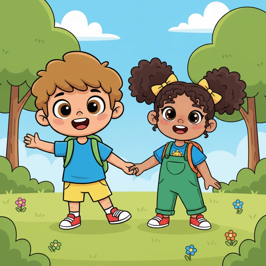 Leo's nervousness completely melts away as he sees Emma's friendly face. He lets out a joyful, bubbling laugh, his whole body wiggling with excitement. He happily takes Emma's hand, feeling a wonderful connection.