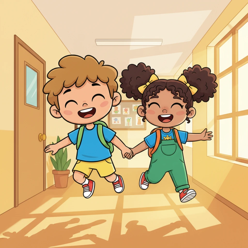 The school day ends, and Leo walks out of the classroom hand-in-hand with Emma, both of them giggling. The sun shines brightly, casting playful shadows as they skip along. Leo's heart is full of happiness, knowing he has a wonderful new friend.