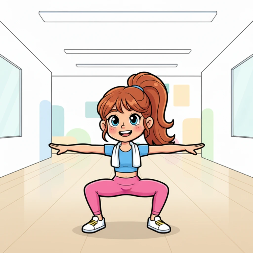 Алина начала с глубокого плие, её колени мягко сгибались, а улыбка расцветала на лице. Она чувствовала, как её тело становится лёгким и гибким, словно пёрышко. Это было только начало её удивительной тренировки.