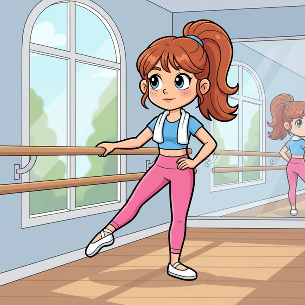 Затем Алина подошла к деревянному балетному станку, который стоял у стены. Она нежно придерживалась за него одной рукой, выполняя изящные движения ногой. Каждое па было наполнено грацией и сосредоточенностью.