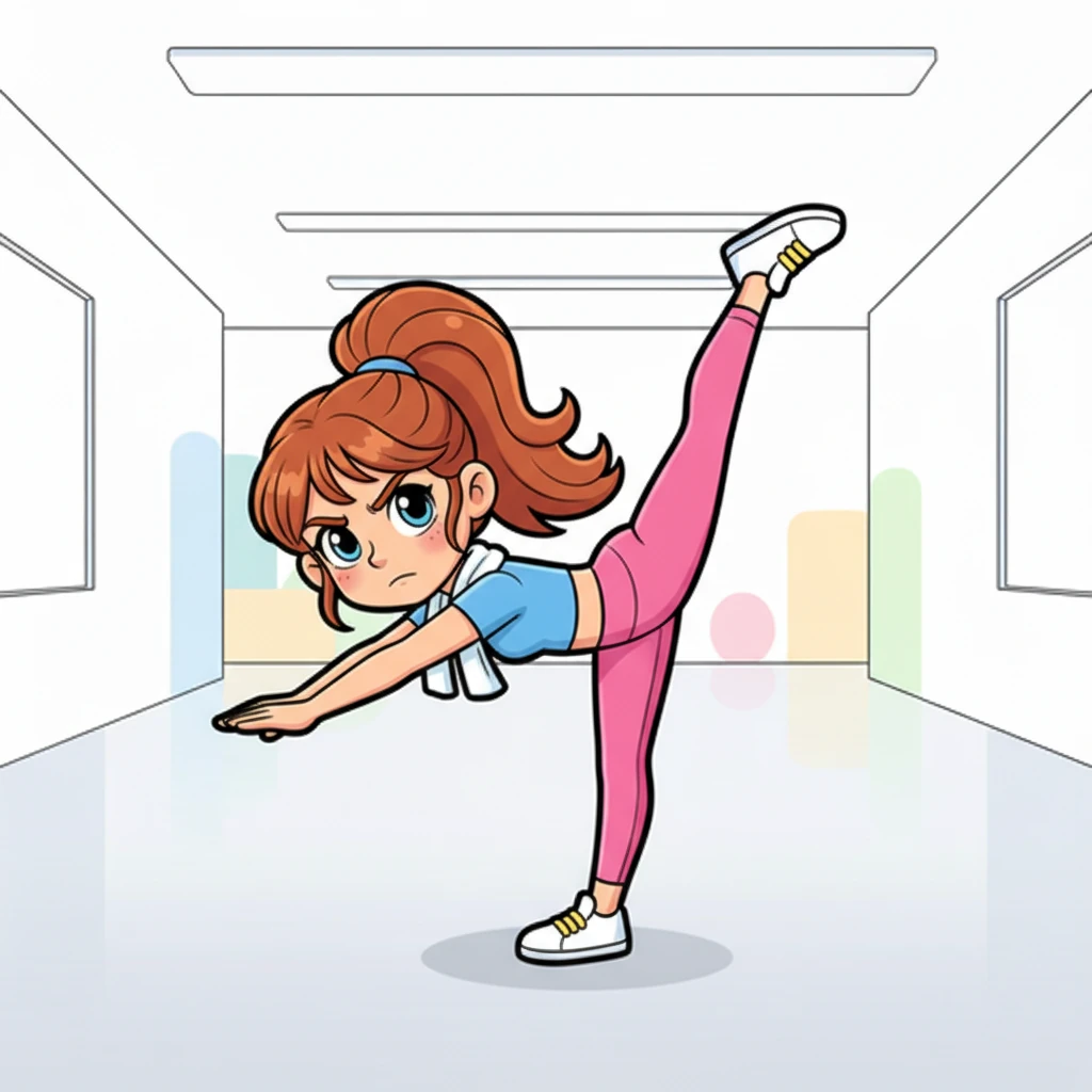 Вдруг Алина попыталась выполнить сложное равновесие, подняв одну ножку высоко-высоко. Её бровки слегка нахмурились от усилий, но глаза сияли решимостью. Она была полна решимости покорить это движение!