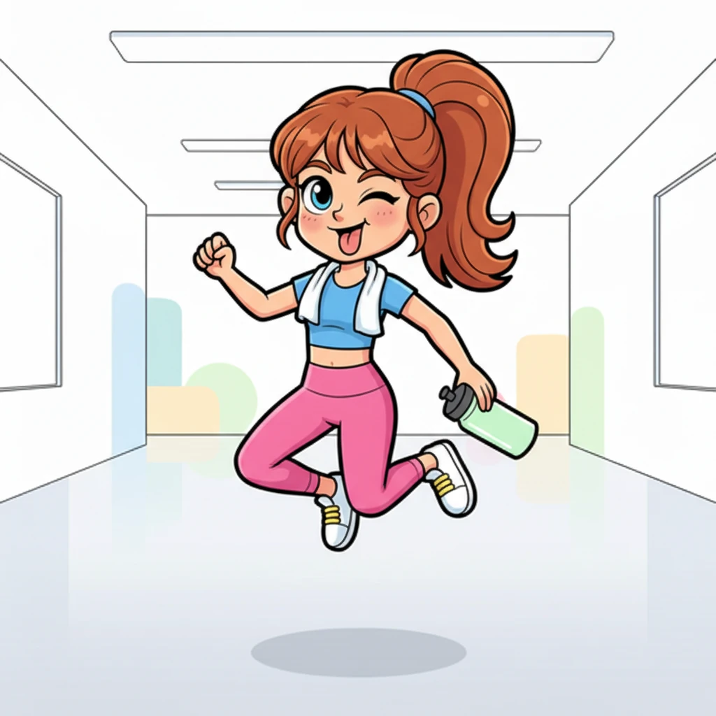 Внезапно Алина решила немного пошалить! Она сделала забавный прыжок, высунув язычок и игриво подмигнув. Тренировка должна быть не только полезной, но и весёлой!