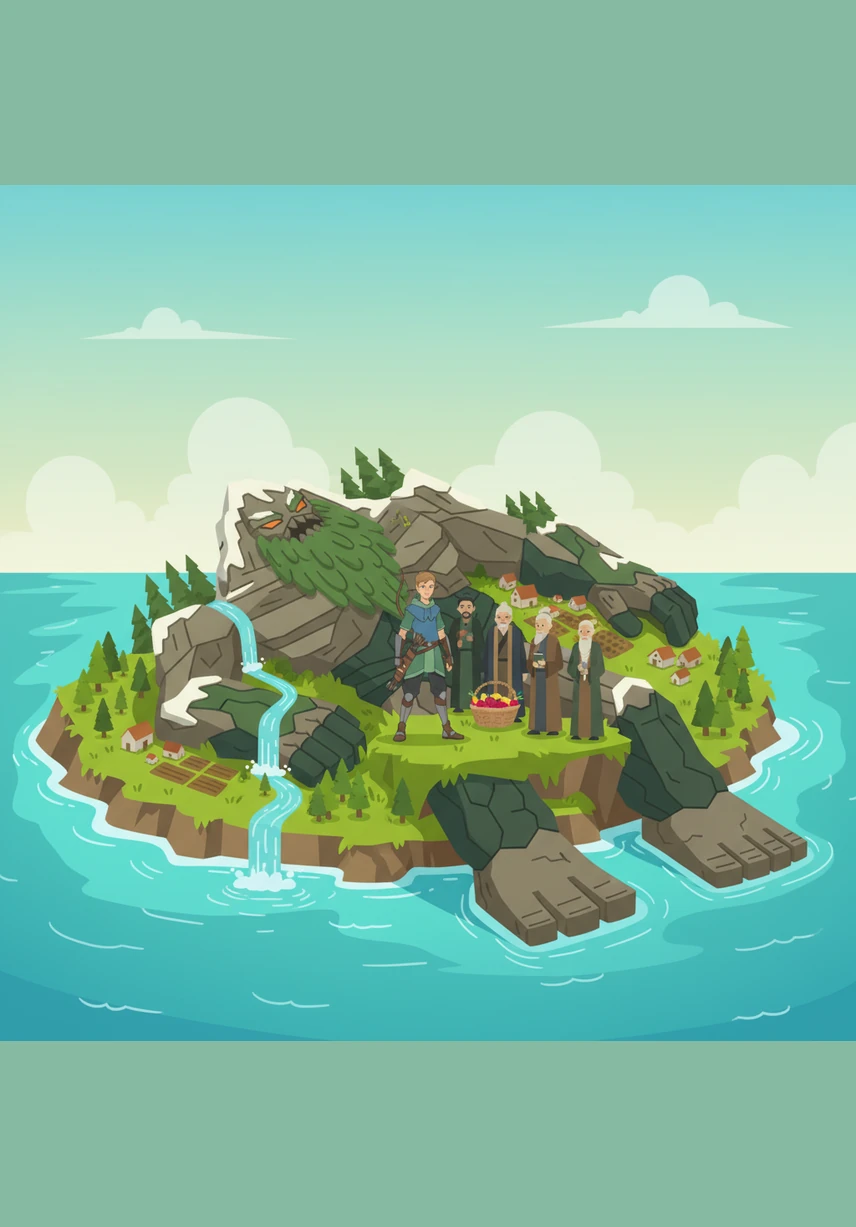 Elian lives on a vibrant, emerald island surrounded by a sparkling turquoise sea. The villagers believe their home is the back of a great, sleeping giant who provides them with fertile soil and abundant fruit.