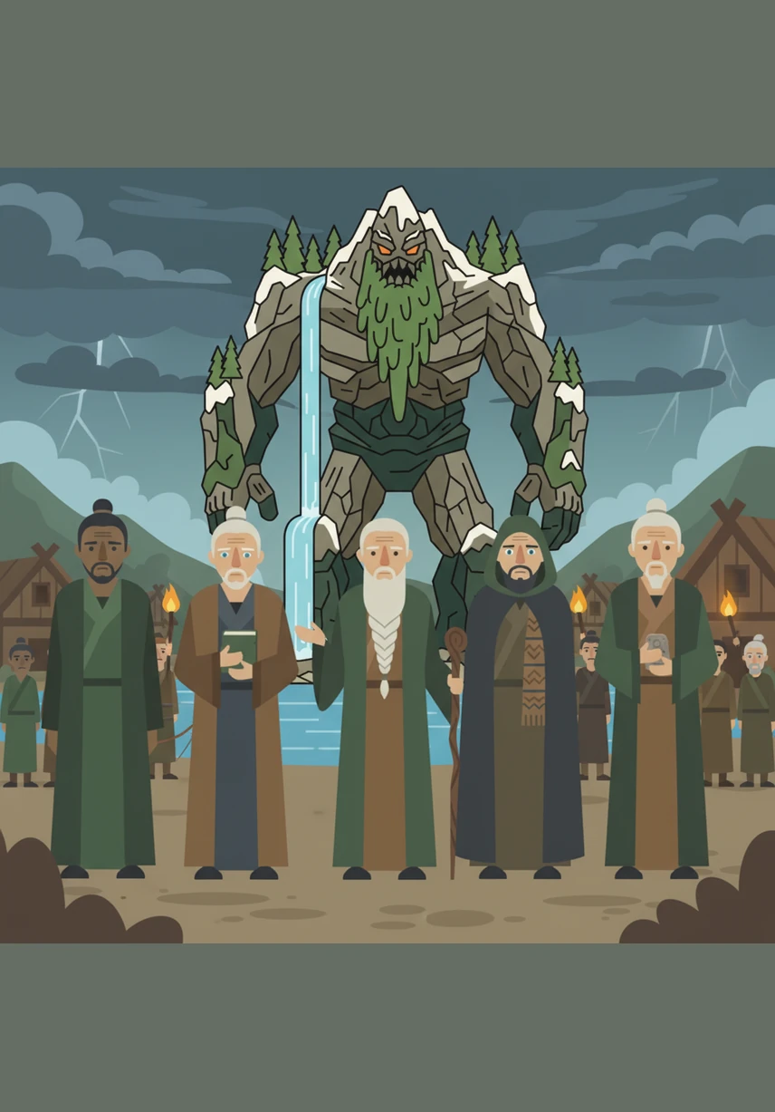 The village elders gather in the square, their faces grave as they watch the mountain's changing mood. They tell stories of the last time the giant stirred and realize it is time to seek safety across the waves.