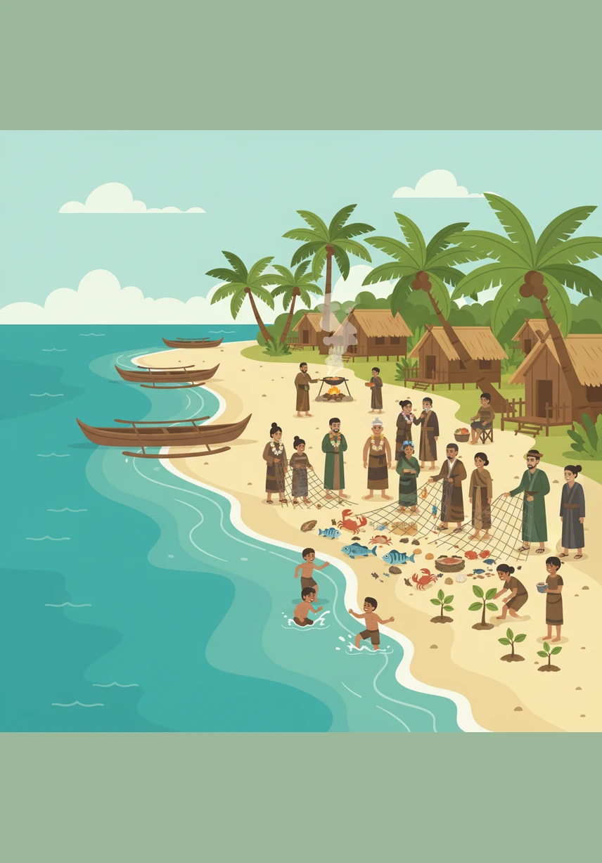 Families work together to pack their sturdy outrigger canoes with seeds, tools, and cherished memories. Elian looks back at his small hut one last time, feeling a mixture of sadness and awe at the mountain's growing power.