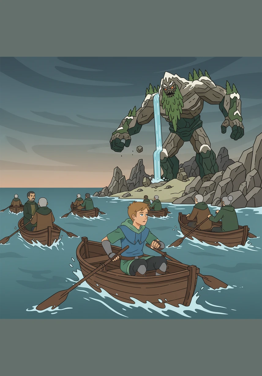 As the fleet of boats paddles away from the shore, a deep roar echoes across the water like a thousand drums. The sky turns charcoal grey, and glowing red rivers of lava begin to crawl down the giant's slopes.