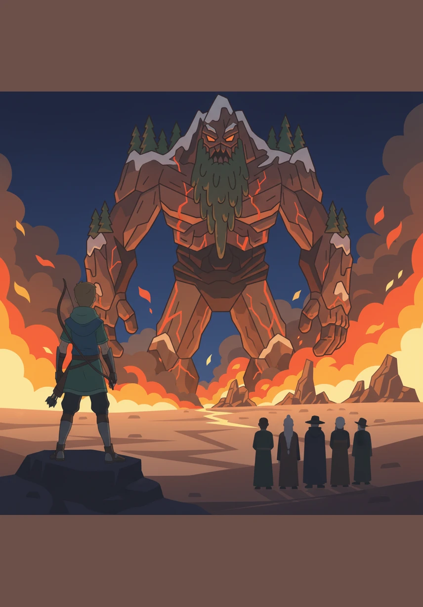 From the safety of the distant horizon, Elian watches the spectacular display of fire and ash lighting up the night sky. The giant is fully awake now, reshaping the land with its fiery breath in a magnificent dance of destruction and creation.