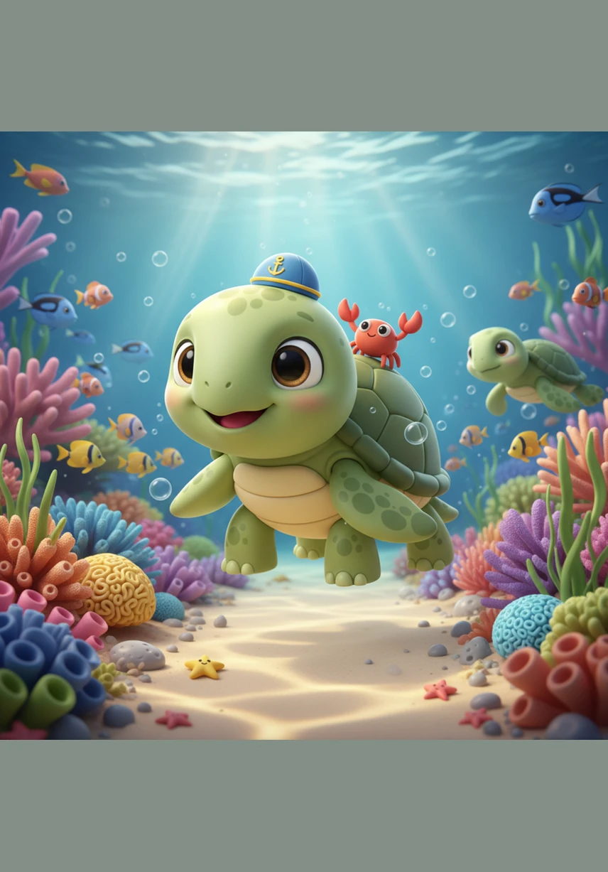 Under the silver glow of the full moon, Toby the baby sea turtle poked his head out of the warm sand. With a determined wiggle of his flippers, he began his very first journey toward the rhythmic sound of the crashing waves.