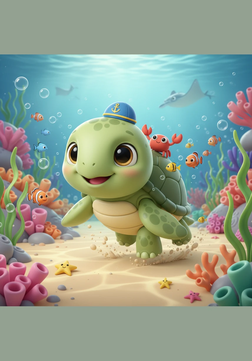 Suddenly, a swirling cloud of yellow and blue tangs surrounded Toby, darting playfully around his shell. He laughed a bubbly laugh, joining the school of fish as they wove through the underwater canyons in a beautiful, synchronized dance.