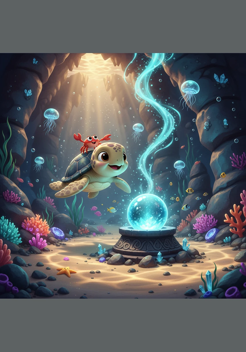Inside the great hall, Toby discovered a giant, glowing pearl resting on a pedestal of coral. The light from the pearl filled the room with a magical warmth, showing him ancient carvings of turtles who had traveled this path long ago.