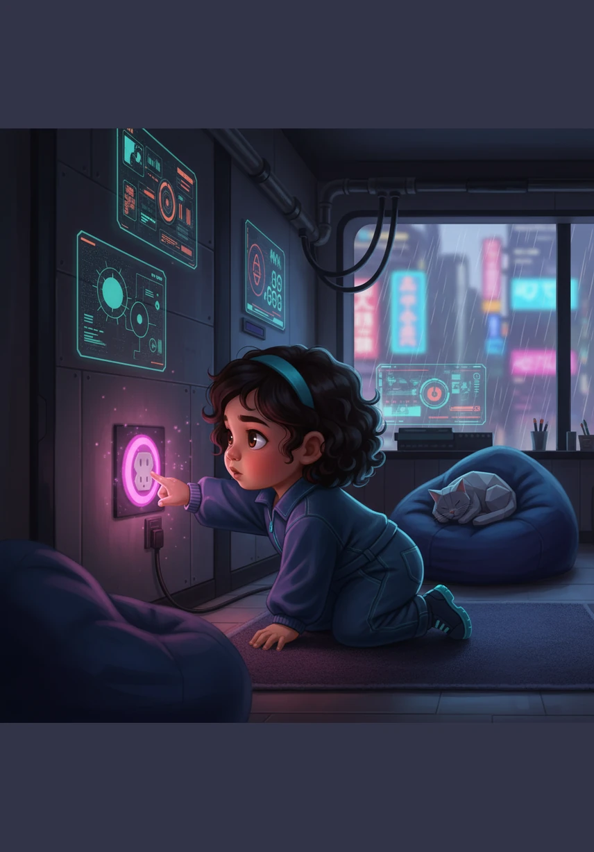 Di ruang tamu yang nyaman, Lula melihat kabel yang terhubung ke stopkontak di dinding. Ia merasa penasaran dan ingin menyentuh lubang kecil itu dengan jari mungilnya. Ibu segera mendekat dan mengingatkan Lula bahwa listrik bisa berbahaya, sehingga stopkontak bukan merupakan mainan untuk anak-anak.