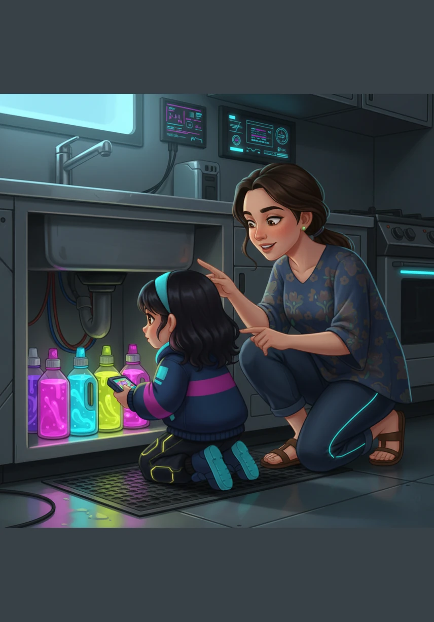 Lula menemukan botol-botol berwarna cerah yang tersimpan di bawah wastafel. Cairan di dalamnya terlihat sangat menarik seperti sirup buah yang manis. Ibu dengan lembut menjelaskan bahwa itu adalah cairan pembersih yang berbahaya jika tertelan, dan Lula berjanji tidak akan menyentuhnya tanpa izin.