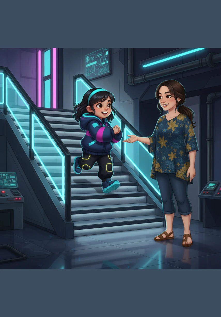 Lula berlari menuju tangga dengan penuh semangat untuk naik ke kamar tidurnya. Ibu memanggilnya dengan lembut dan mengingatkan Lula untuk selalu memegang pagar tangga dengan satu tangan. Berjalan dengan tenang dan berpegangan akan menjaga keseimbangan tubuh agar tidak tergelincir.