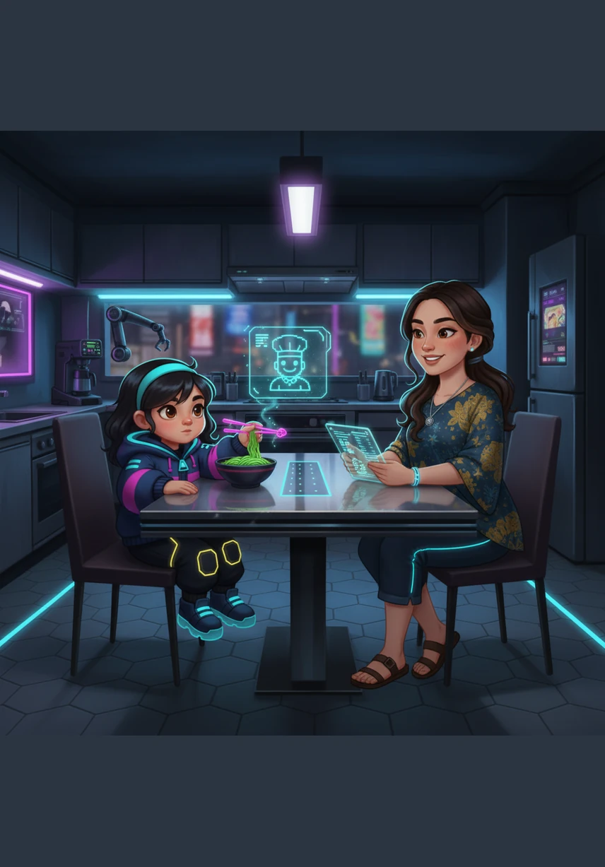 Di atas meja makan, terdapat pisau dapur yang mengkilap setelah digunakan Ibu untuk memotong buah. Lula merasa ingin tahu dan ingin memegangnya, namun Ibu menjelaskan bahwa pisau adalah alat yang sangat tajam. Pisau hanya boleh digunakan oleh orang dewasa agar tangan kecil Lula tetap aman dan tidak terluka.