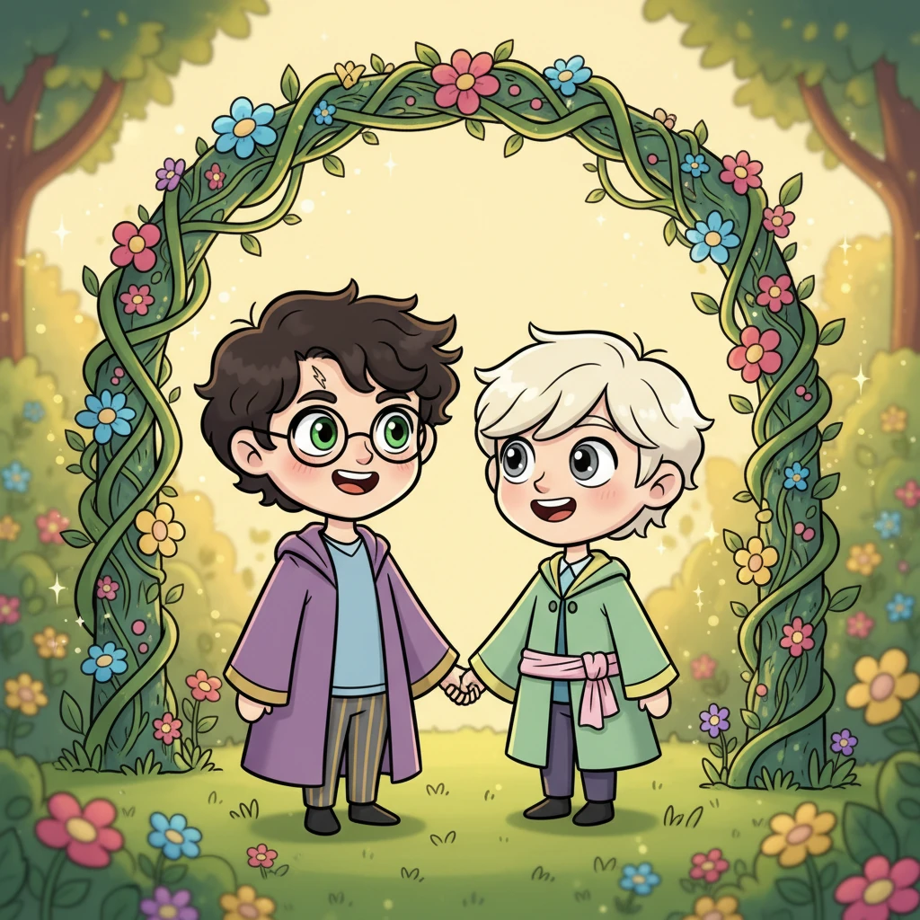 Harry and Draco, their faces beaming with joy, stand hand-in-hand in a sun-drenched enchanted garden, a magical archway blooming with luminescent flowers framing them. They share a loving glance, their hearts full of a shared secret. The air around them shimmers with unspoken wonder.