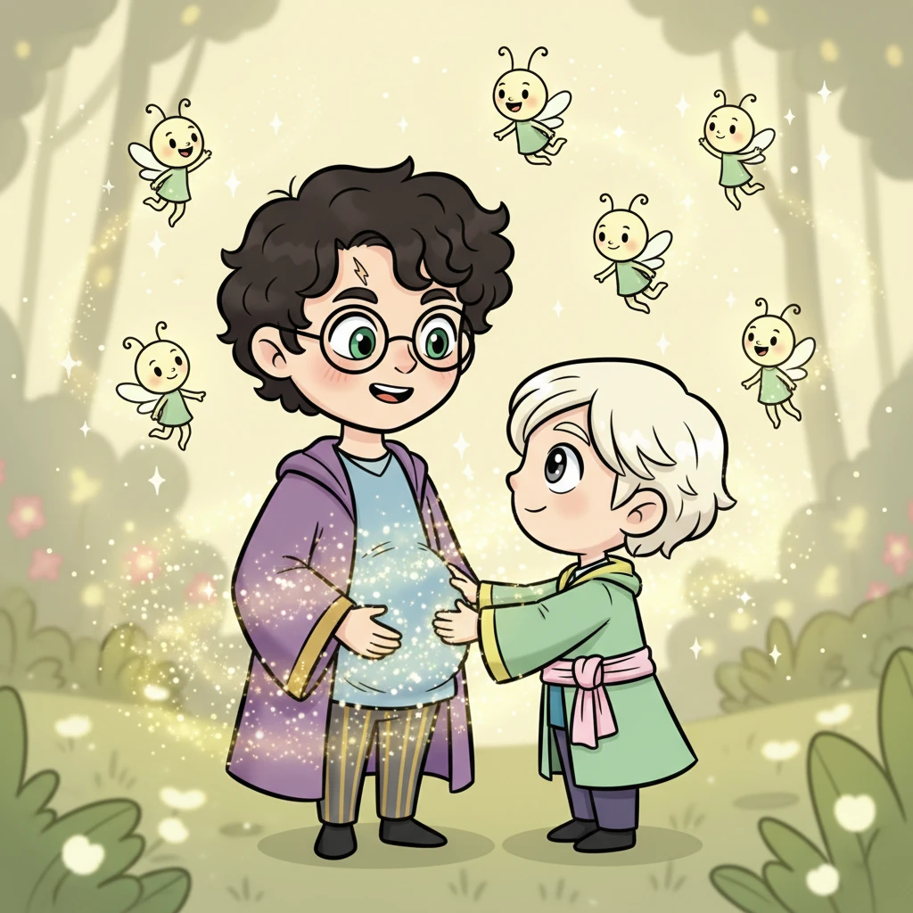 A soft, shimmering aura begins to emanate from Harry, like swirling stardust, as Draco gently places a hand on his stomach, his expression a mix of awe and tenderness. Tiny, playful sprites dance around them, celebrating the magical news with joyful twinkles.