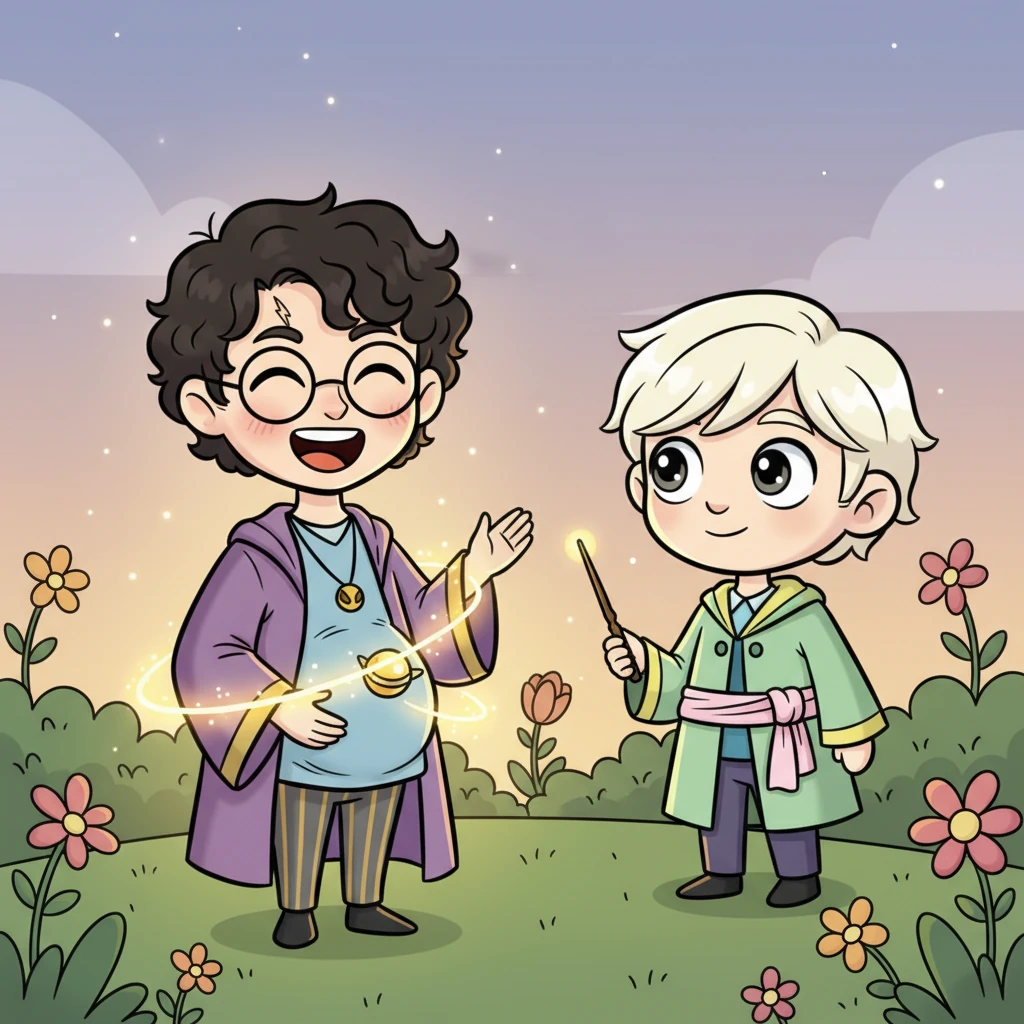 Harry laughs delightedly as a small, mischievous glow-orb, the size of a snitch, playfully zips around his midsection, tickling him with light. Draco watches, enchanted, as Harry radiates a joyous, expectant glow, the orb a symbol of the growing magic within.