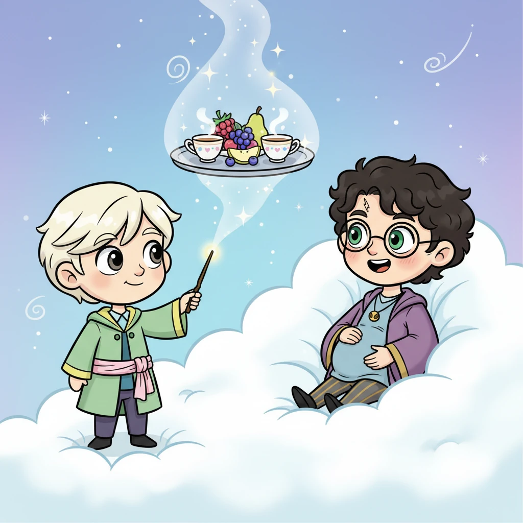 Draco, ever so attentive, conjures a floating tray of sparkling fruit and warm tea for a resting Harry, who is comfortably nestled on a giant, fluffy cloud cushion. Their eyes meet, conveying deep affection and excitement for the magical journey ahead.