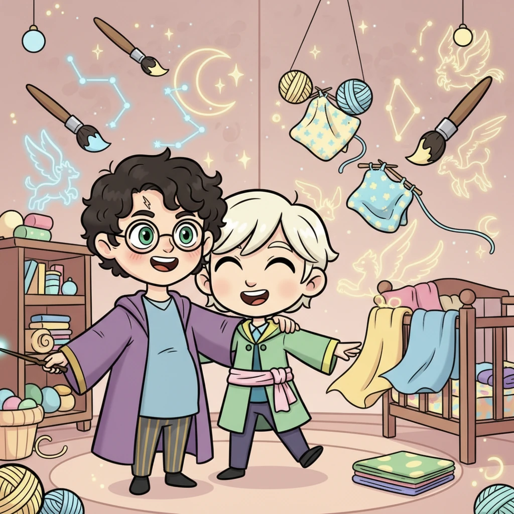 In a whimsical nursery, enchanted paintbrushes float, decorating the walls with constellations and flying creatures, while soft, magical textiles weave themselves into tiny blankets. Harry and Draco oversee the charming chaos, their smiles wide as they prepare their magical haven.