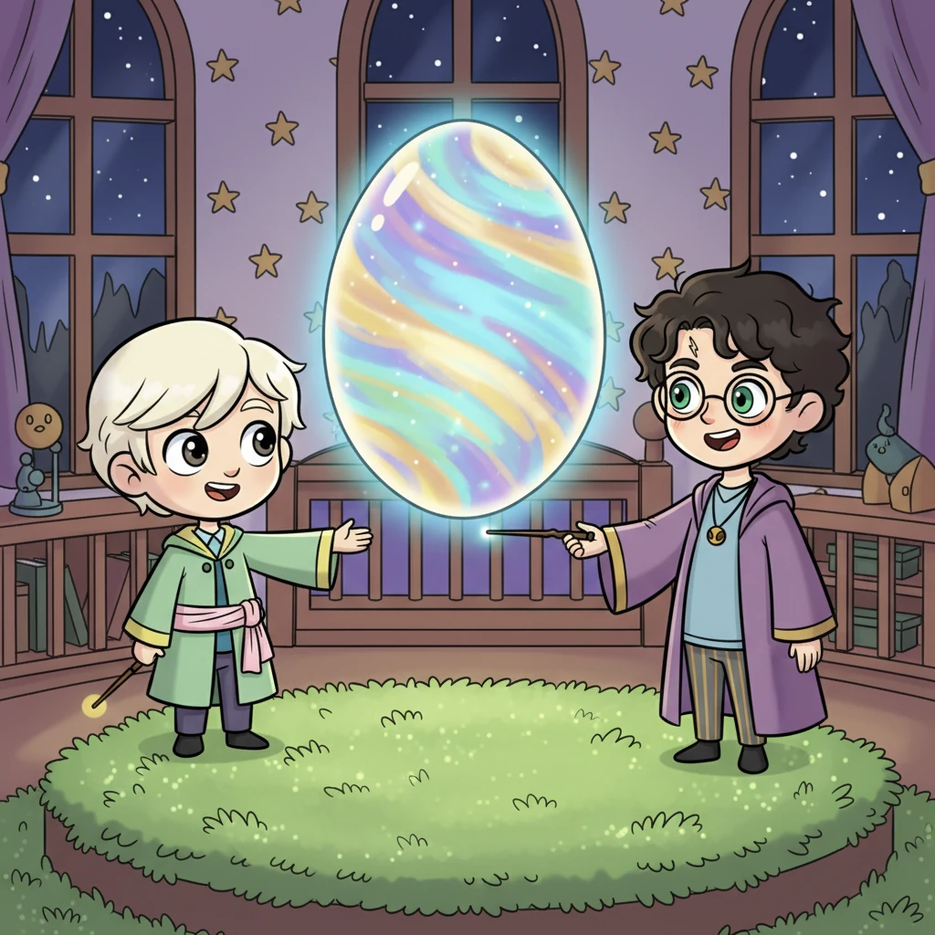 A brilliant, egg-shaped cocoon of pure magic, pulsating with soft light, gently descends into the center of the nursery, resting on a bed of shimmering moss. Harry and Draco hold hands tightly, their faces alight with anticipation, knowing their little one is almost here.