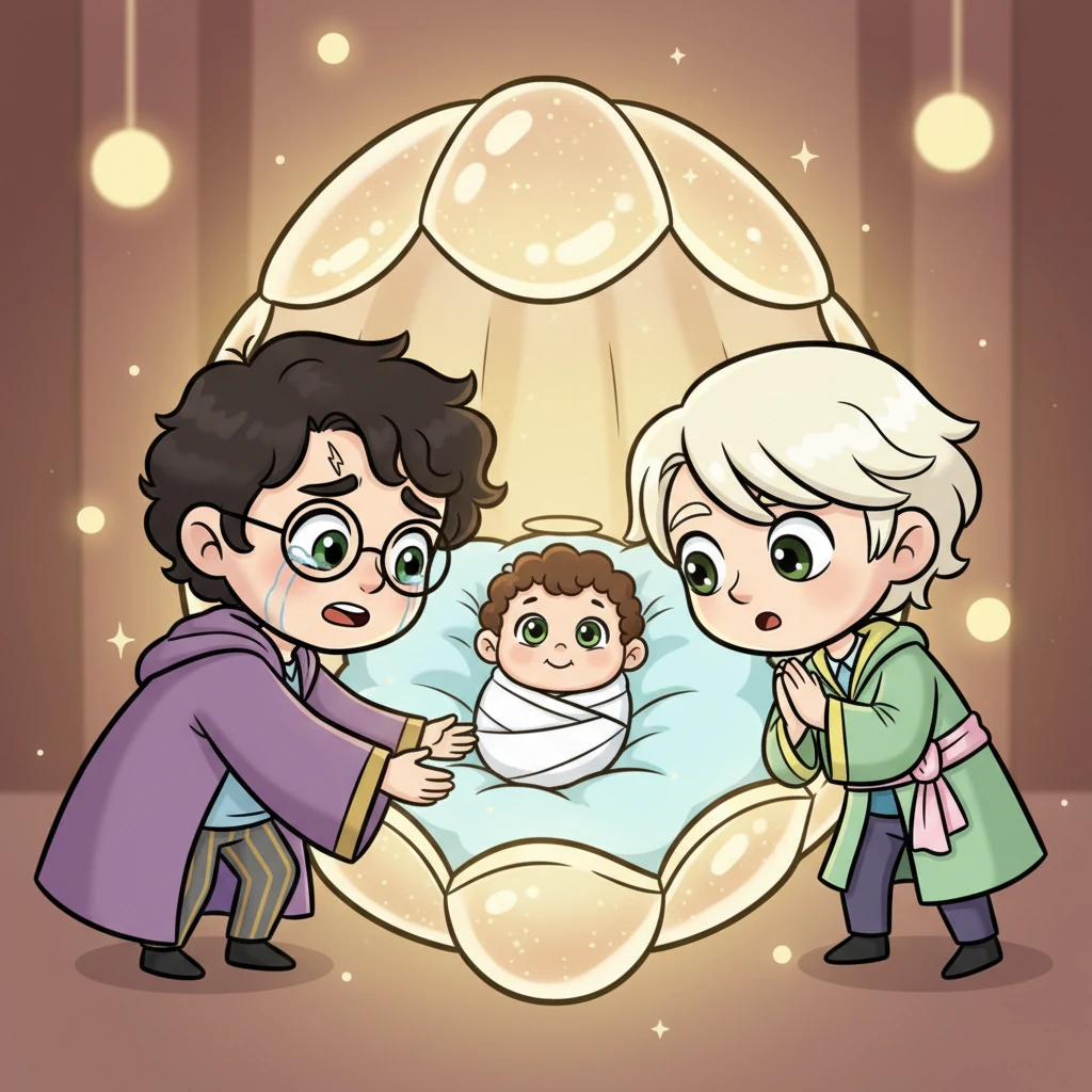 With a final, gentle shimmer, the magical cocoon opens, revealing a tiny, cooing bundle of joy nestled within. Harry and Draco lean in, their expressions overflowing with love and wonder at the sight of their precious baby, who radiates a soft, inner glow.