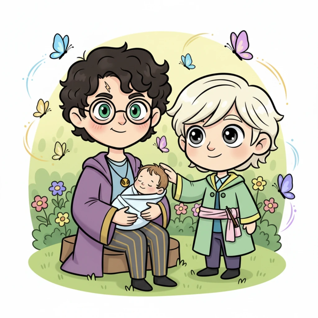 Harry cradles their newborn, Lyra, a tiny wizard with a tuft of soft hair, as Draco gently strokes the baby's cheek, his heart swelling with pride. Magical butterflies flutter around them, witnessing this tender, unforgettable family moment.