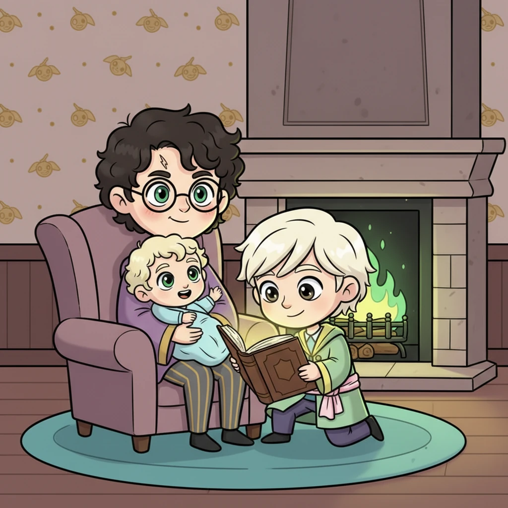 The new family, Harry, Draco, and baby Lyra, share a cozy moment by a crackling, emerald fireplace, Lyra gurgling happily in Harry's arms. Draco reads a magical lullaby from an ancient, glowing book, his voice soft and full of love.