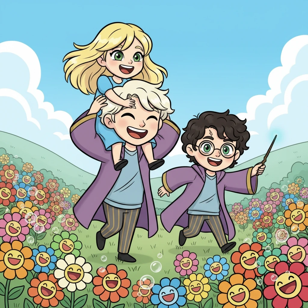 Years later, a slightly older Lyra, with a mischievous grin, rides on Draco's shoulders while Harry chases them playfully through a field of enchanted, giggling flowers. Their magical life together is vibrant, loving, and full of adventure, a testament to their extraordinary bond.