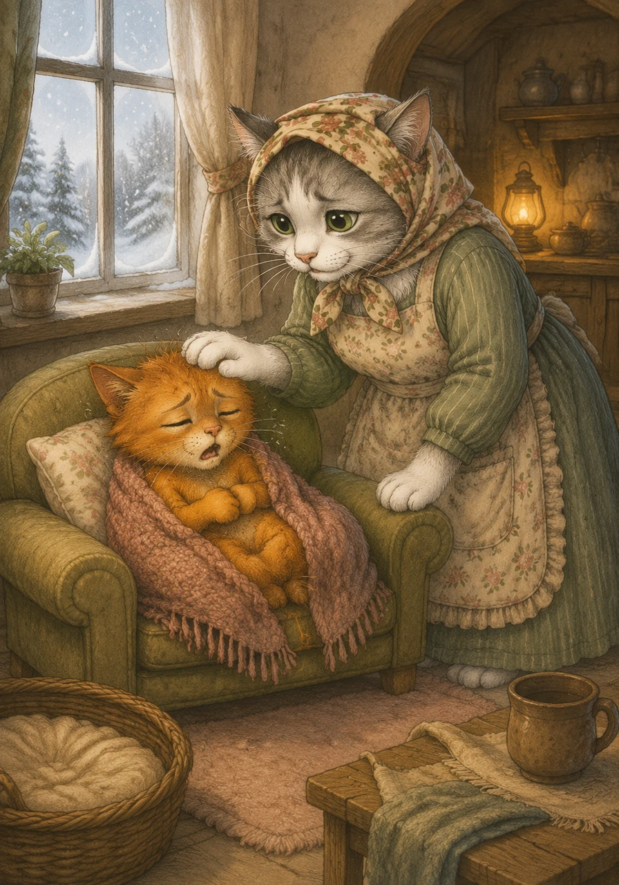 Inside a cozy, soft little cat house with a snowy view through the window, a small orange kitten named Purnsel is curled up on a tiny sofa, shivering and sneezing softly. His white-and-gray mother, wearing a sweet kitchen apron, rushes over from the kitchen with a worried look, gently placing her paw on his warm forehead.