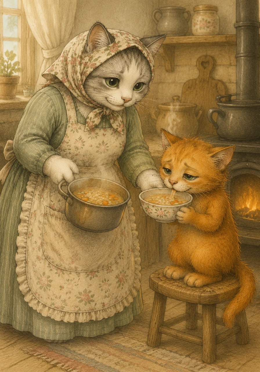 In the warm kitchen, Mother Cat lovingly stirs a small pot on the stove, adding barley, carrots, and bits of meat into the bubbling broth as comforting steam rises into the air. She pours the magical soup into a small floral bowl and brings it to Purnsel, who takes a small sip and offers a weak but grateful smile.