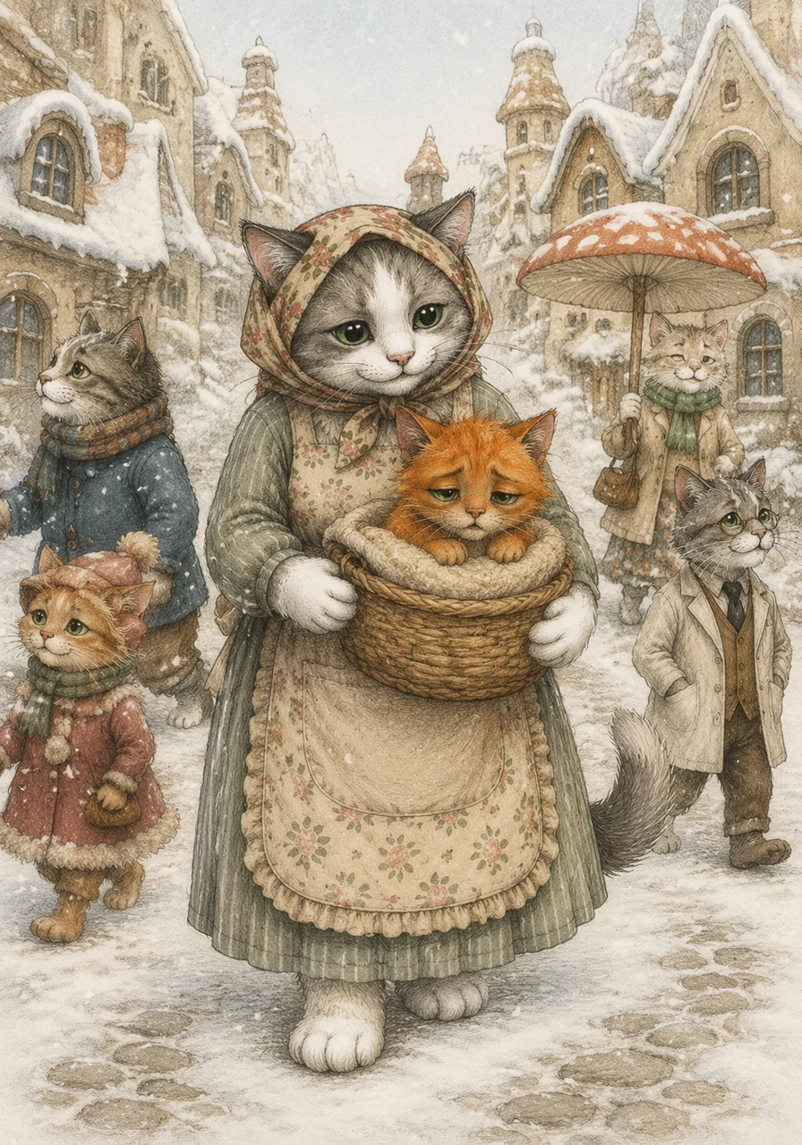 Mother Cat bundles Purnsel into a soft basket and carries him through the whimsical streets of Cat Town, where anthropomorphic cats wearing colorful winter clothes walk along the tilted roofs and snowy sidewalks. Purnsel looks out with curious, heavy eyes, noticing a passing cat holding a delightful mushroom-shaped umbrella.